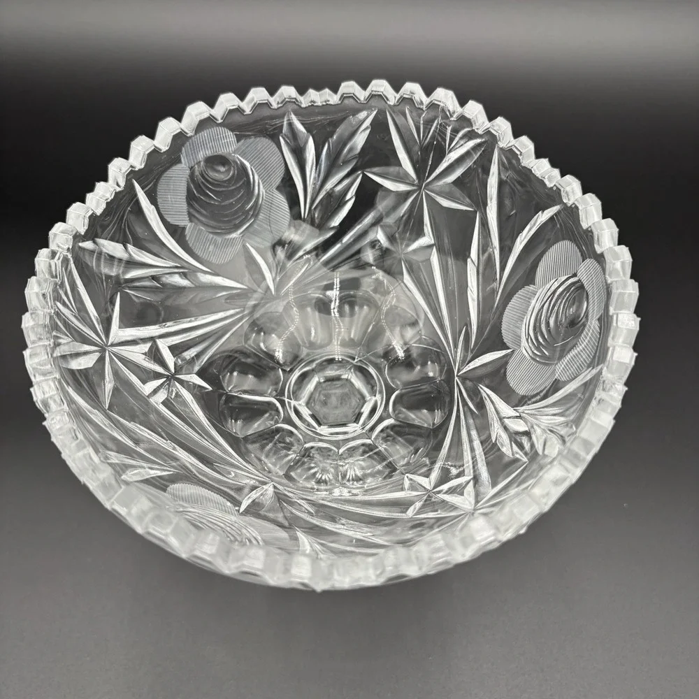 Crystal Cut Glass Pedestal Compote Rose Pattern‎ Scalloped 6 Side Base 7